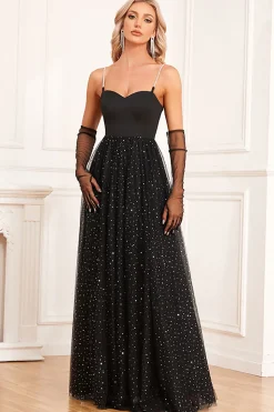 Preto A-Line Spaghetti Correias Vestido Longo Baile de Formatura