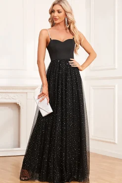 Preto A-Line Spaghetti Correias Vestido Longo Baile de Formatura