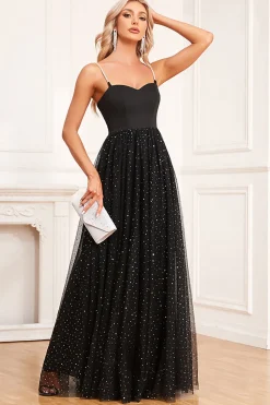 Preto A-Line Spaghetti Correias Vestido Longo Baile de Formatura