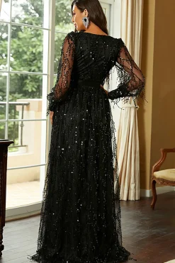Preto A-Line Sparkly V-Neck Prom Dress Com Fenda