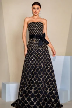 Preto A-Line Strapless Long Prom Dress com Lantejoulas