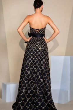 Preto A-Line Strapless Long Prom Dress com Lantejoulas