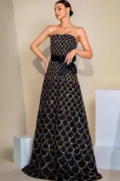 Preto A-Line Strapless Long Prom Dress com Lantejoulas
