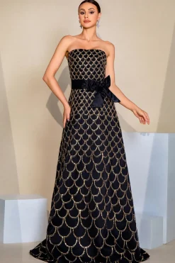 Preto A-Line Strapless Long Prom Dress com Lantejoulas