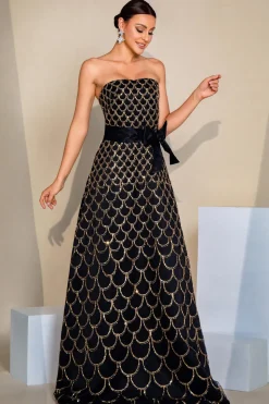 Preto A-Line Strapless Long Prom Dress com Lantejoulas