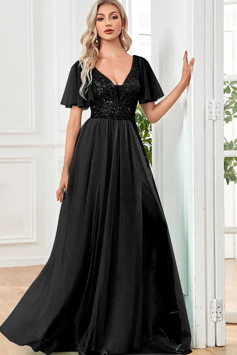 Preto A-Line V Neck Long Prom Dress com Sequins