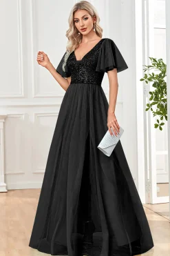 Preto A-Line V Neck Long Prom Dress com Sequins