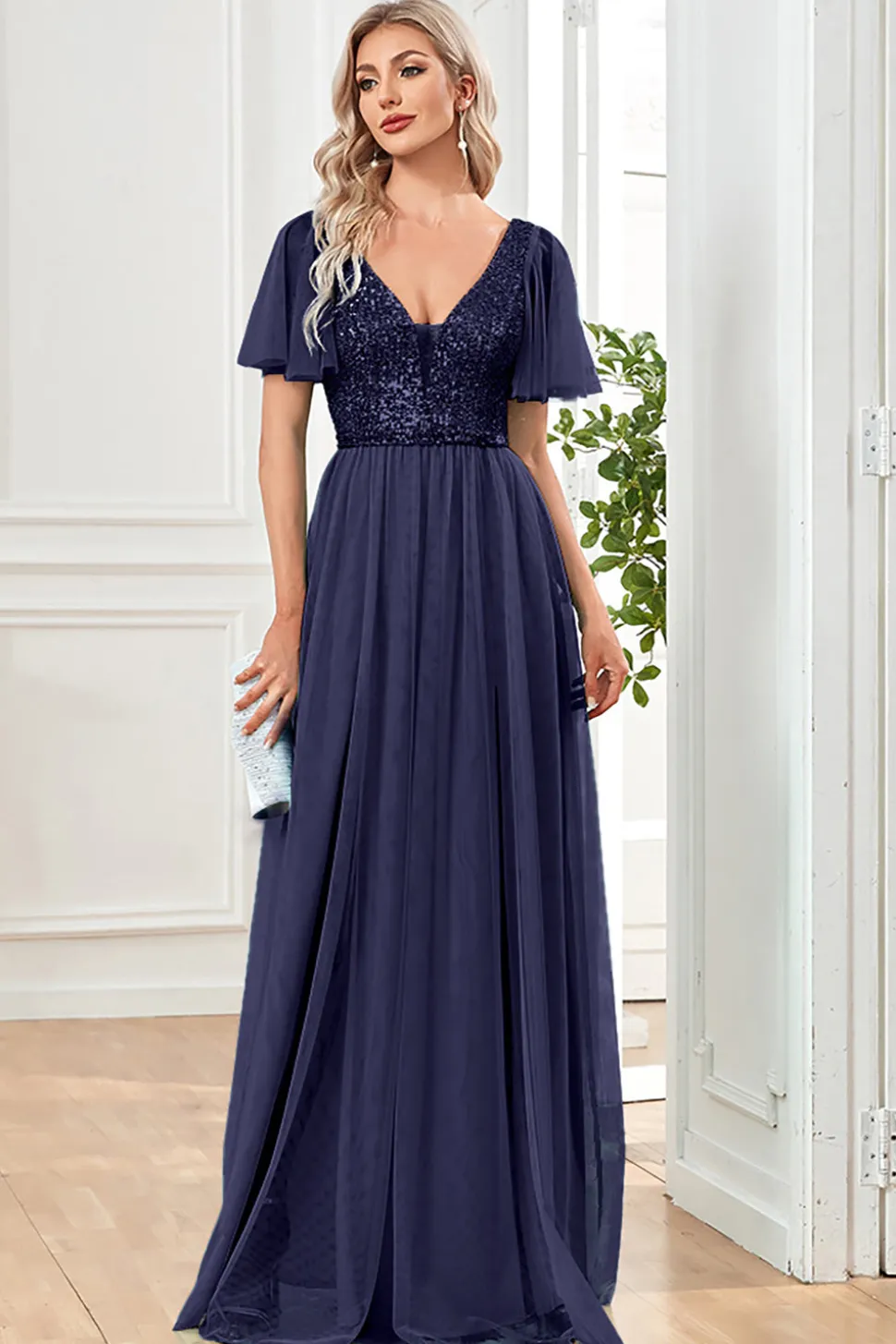 Preto A-Line V Neck Long Prom Dress com Sequins