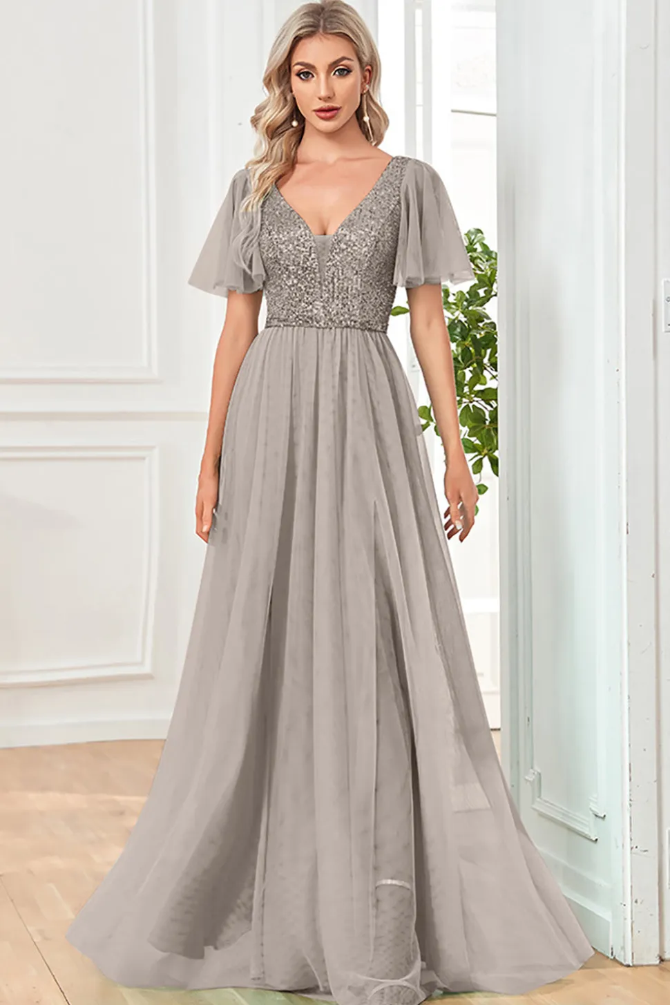Preto A-Line V Neck Long Prom Dress com Sequins