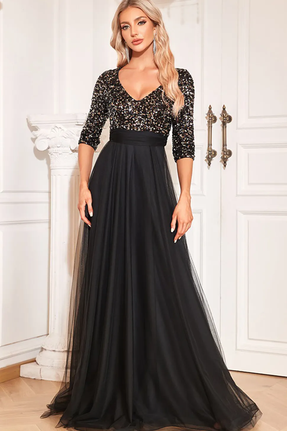 Preto A-Line V Pescoço mangas curtas Sequins Prom Dress