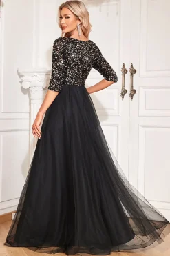 Preto A-Line V Pescoço mangas curtas Sequins Prom Dress