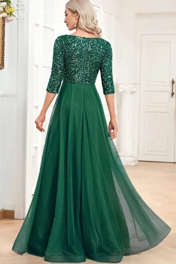 Preto A-Line V Pescoço mangas curtas Sequins Prom Dress