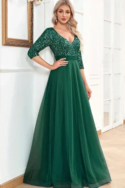 Preto A-Line V Pescoço mangas curtas Sequins Prom Dress