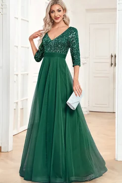 Preto A-Line V Pescoço mangas curtas Sequins Prom Dress