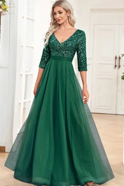 Preto A-Line V Pescoço mangas curtas Sequins Prom Dress