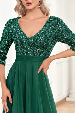 Preto A-Line V Pescoço mangas curtas Sequins Prom Dress