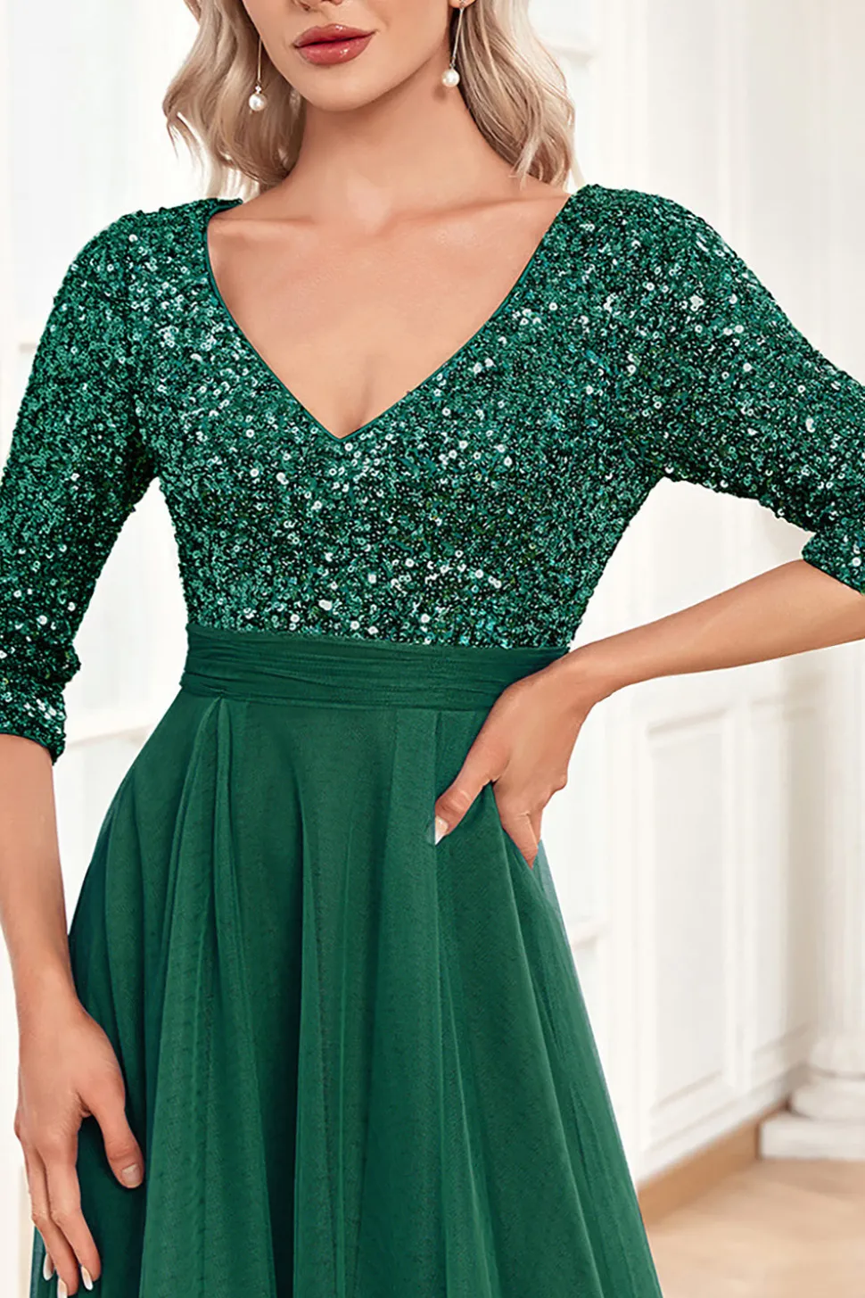 Preto A-Line V Pescoço mangas curtas Sequins Prom Dress