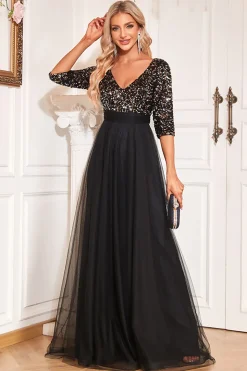 Preto A-Line V Pescoço mangas curtas Sequins Prom Dress
