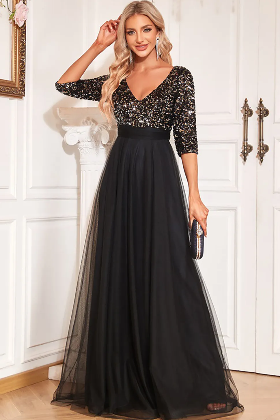 Preto A-Line V Pescoço mangas curtas Sequins Prom Dress