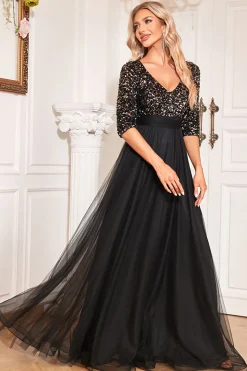 Preto A-Line V Pescoço mangas curtas Sequins Prom Dress