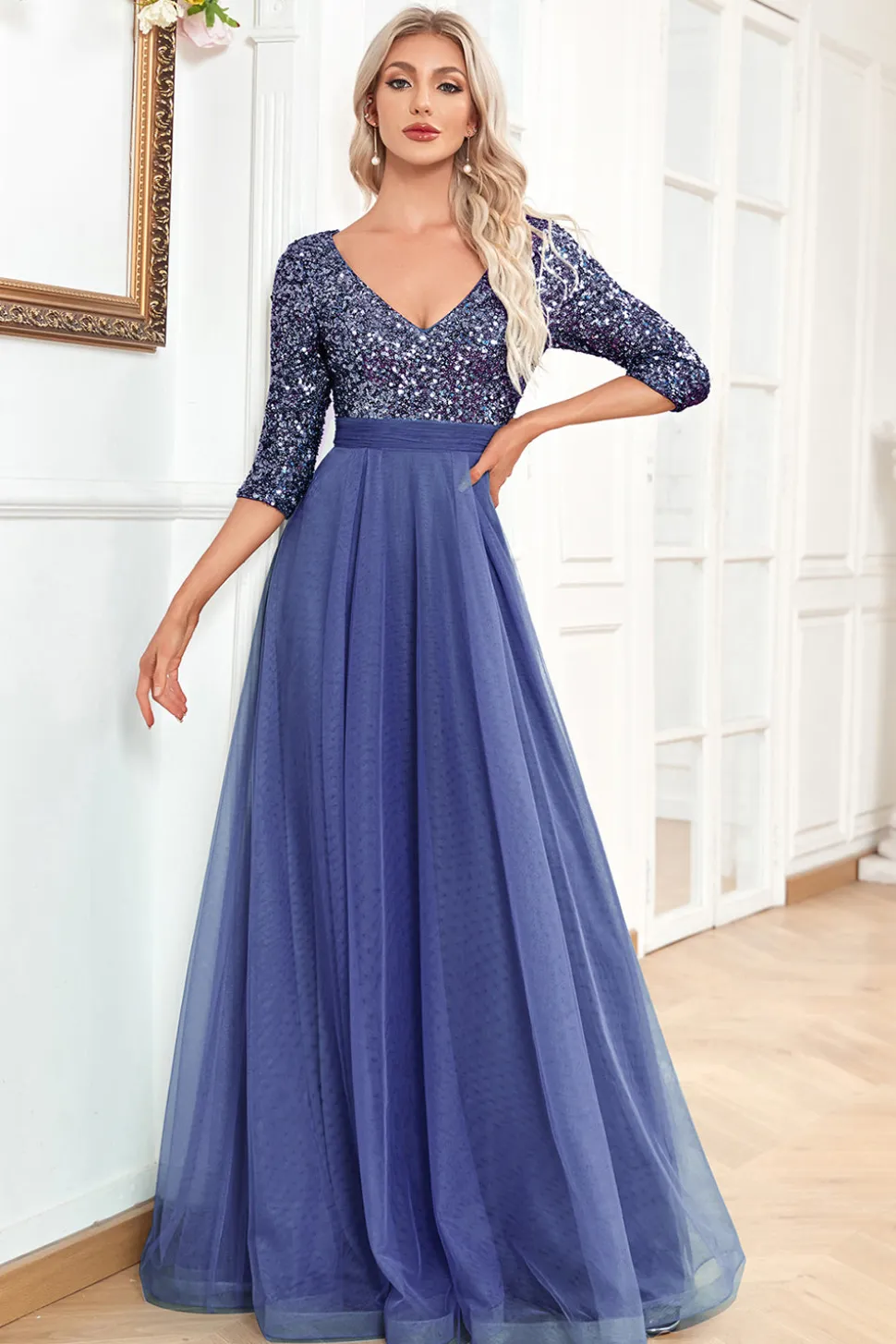 Preto A-Line V Pescoço mangas curtas Sequins Prom Dress