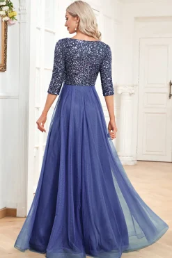 Preto A-Line V Pescoço mangas curtas Sequins Prom Dress