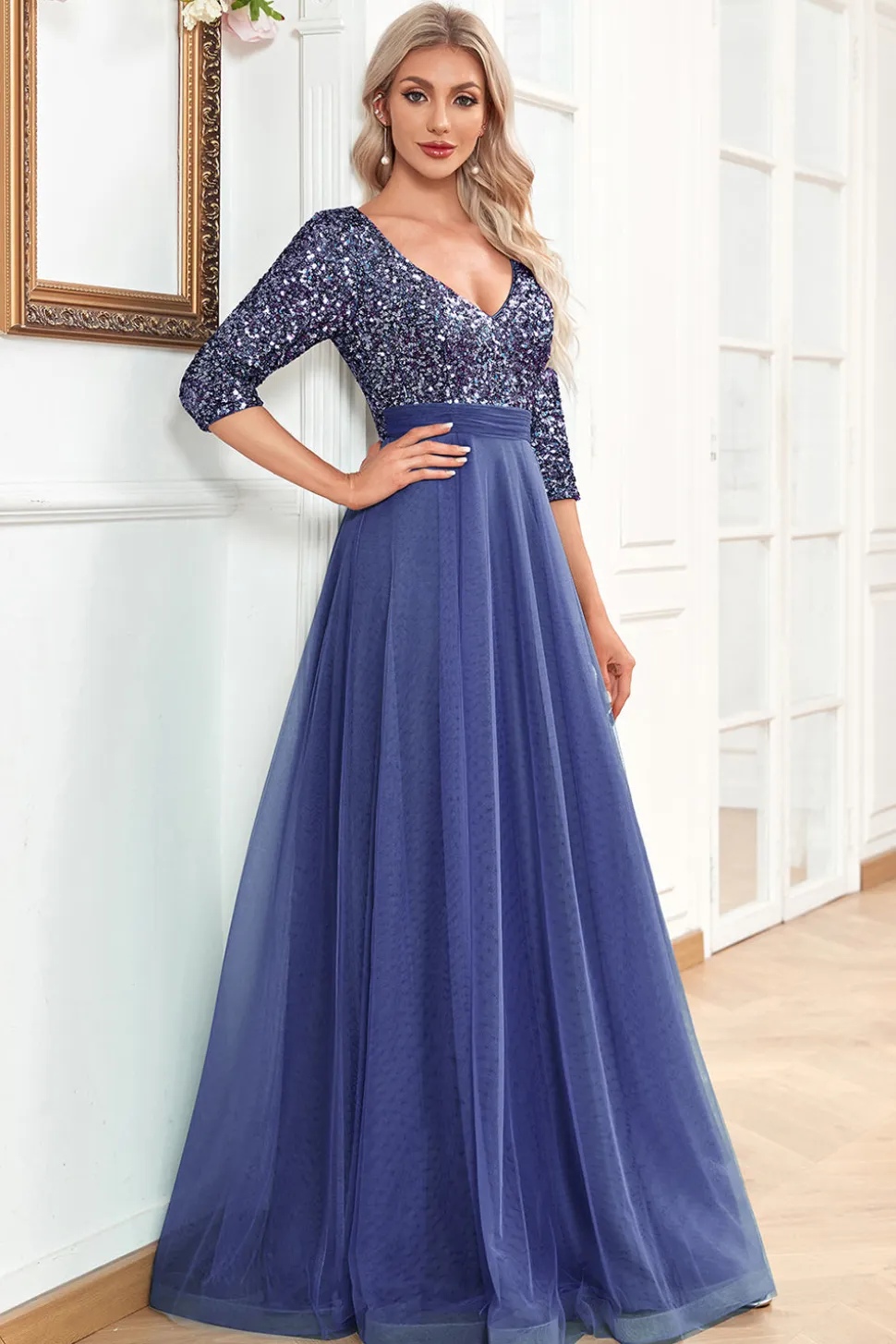 Preto A-Line V Pescoço mangas curtas Sequins Prom Dress