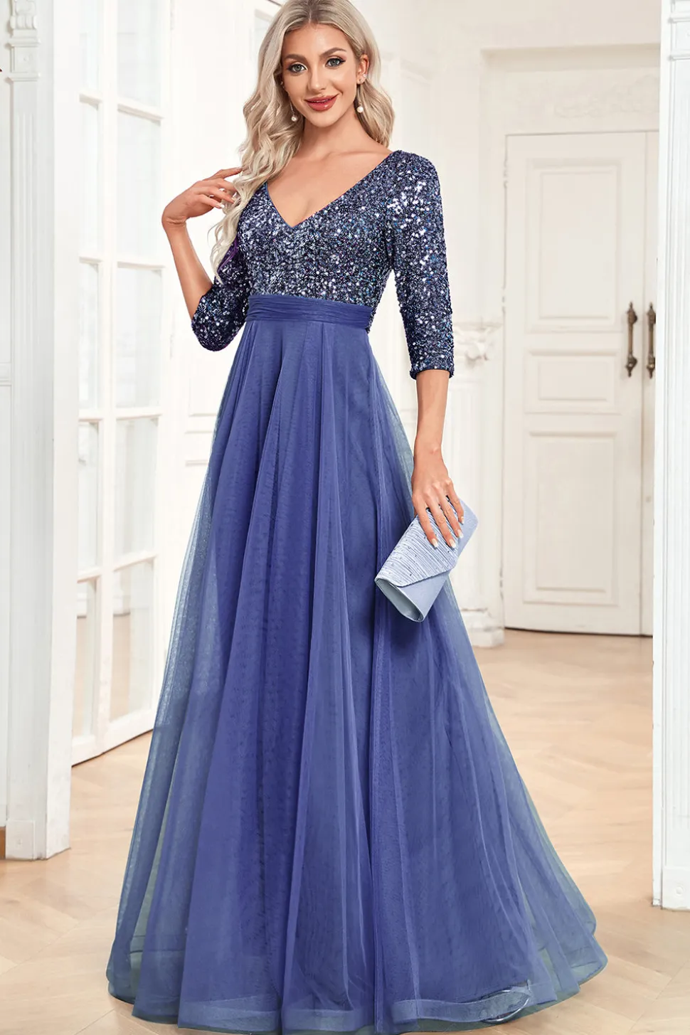 Preto A-Line V Pescoço mangas curtas Sequins Prom Dress