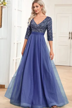Preto A-Line V Pescoço mangas curtas Sequins Prom Dress