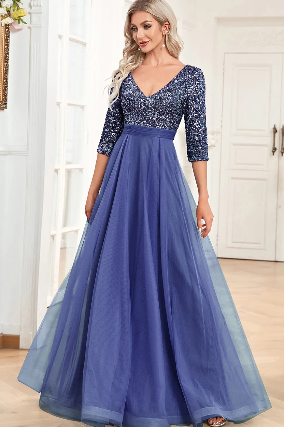 Preto A-Line V Pescoço mangas curtas Sequins Prom Dress
