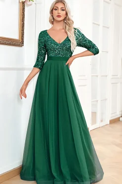 Preto A-Line V Pescoço mangas curtas Sequins Prom Dress
