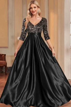 Preto A-Line V Pescoço Sequins mangas curtas longo vestido de baile