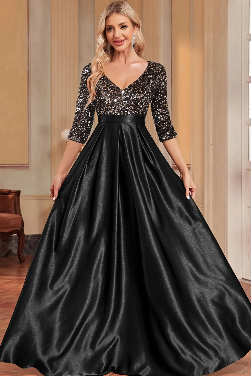 Preto A-Line V Pescoço Sequins mangas curtas longo vestido de baile