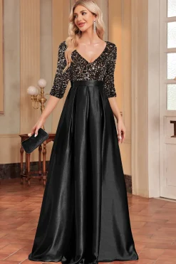 Preto A-Line V Pescoço Sequins mangas curtas longo vestido de baile