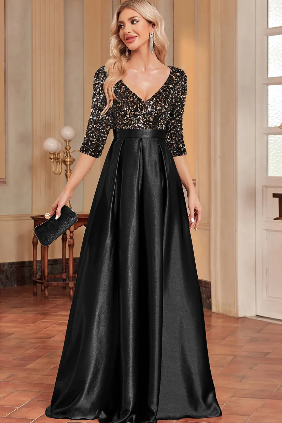 Preto A-Line V Pescoço Sequins mangas curtas longo vestido de baile