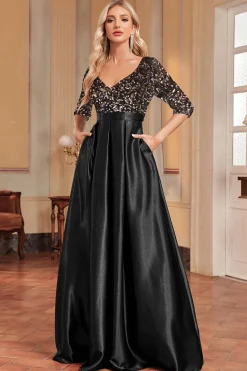 Preto A-Line V Pescoço Sequins mangas curtas longo vestido de baile