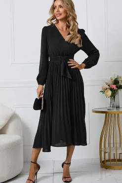 Preto A-Line Wrap Mangas Longas Vestido de Festa Longo