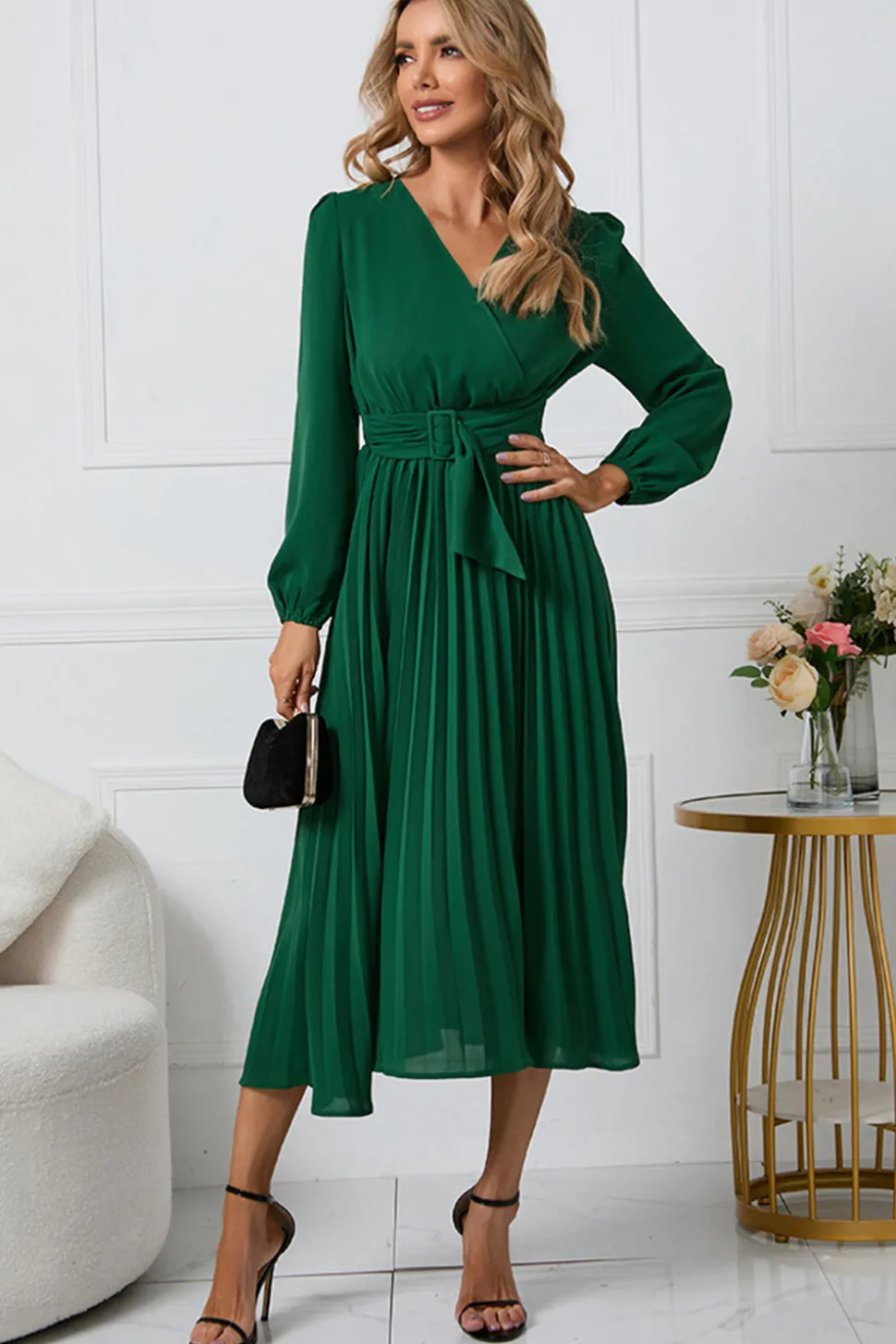 Preto A-Line Wrap Mangas Longas Vestido de Festa Longo