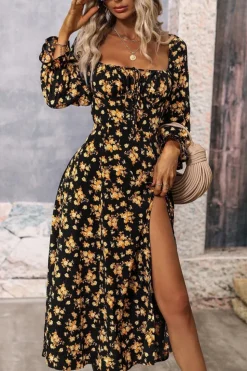 Preto Amarelo Flores Linha-A Pescoço Redondo Longos Vestido Verão