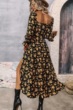 Preto Amarelo Flores Linha-A Pescoço Redondo Longos Vestido Verão
