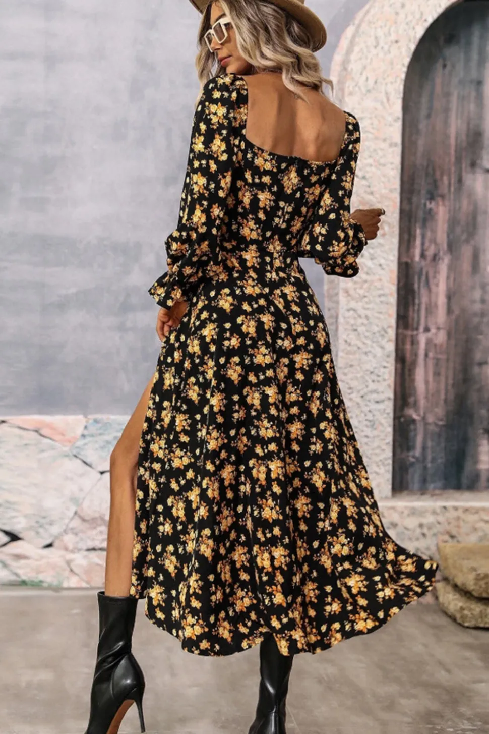 Preto Amarelo Flores Linha-A Pescoço Redondo Longos Vestido Verão