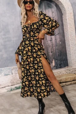 Preto Amarelo Flores Linha-A Pescoço Redondo Longos Vestido Verão