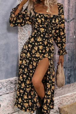 Preto Amarelo Flores Linha-A Pescoço Redondo Longos Vestido Verão