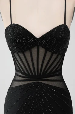 Preto Apertado Esparguete Correias Corset Vestido Curto Homecoming com Missangas