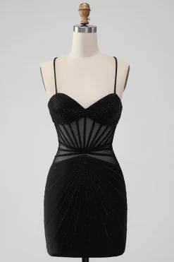 Preto Apertado Esparguete Correias Corset Vestido Curto Homecoming com Missangas