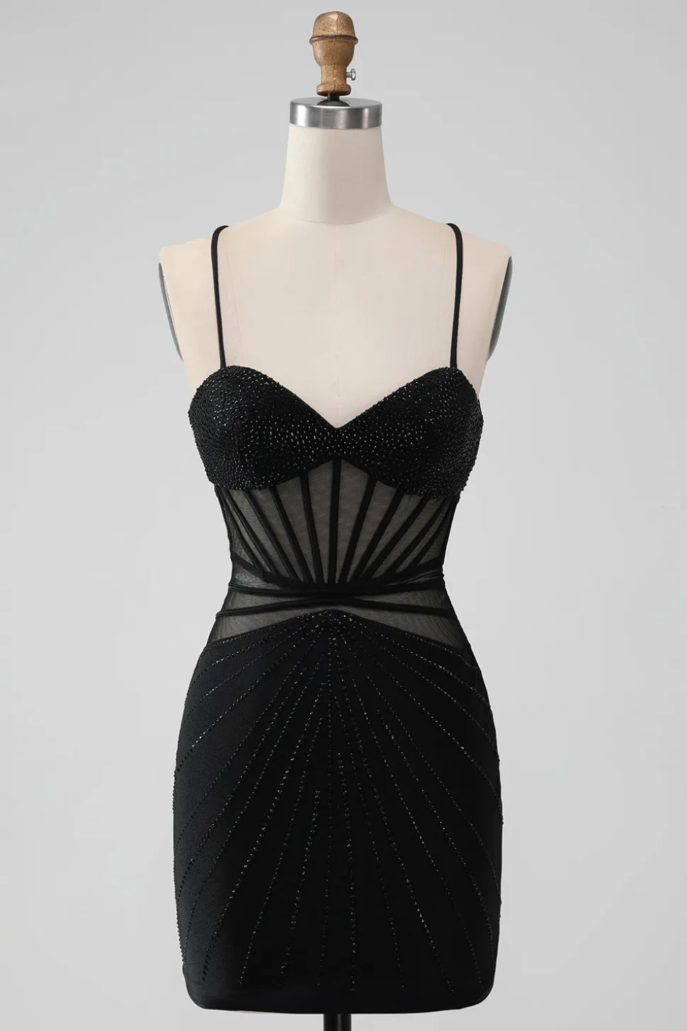 Preto Apertado Esparguete Correias Corset Vestido Curto Homecoming com Missangas