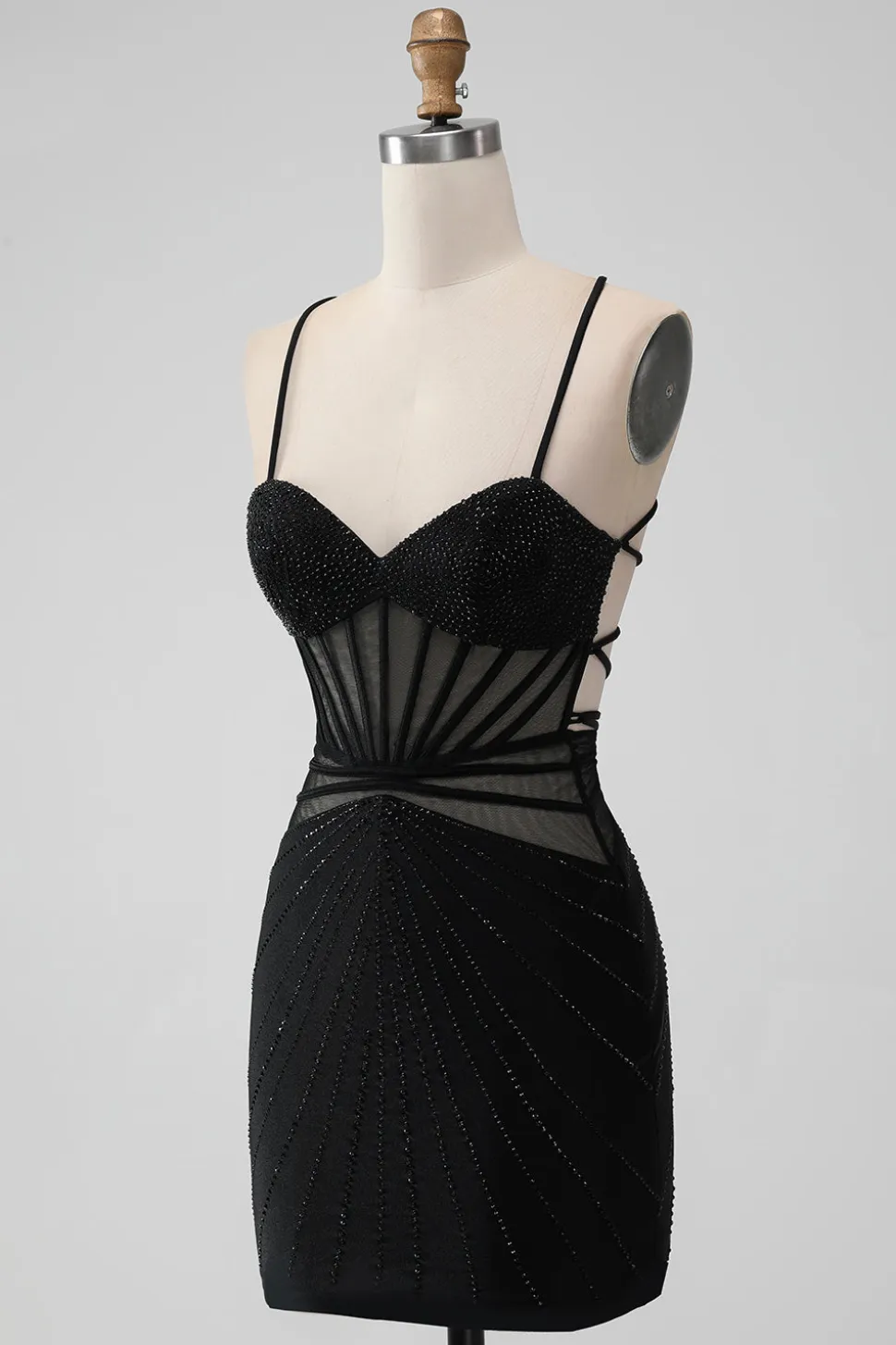 Preto Apertado Esparguete Correias Corset Vestido Curto Homecoming com Missangas