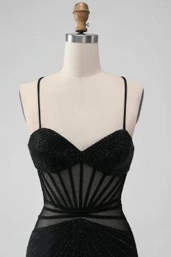 Preto Apertado Esparguete Correias Corset Vestido Curto Homecoming com Missangas