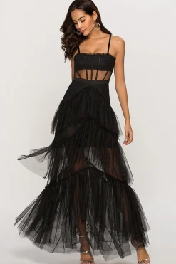 Preto Assimétrico Tule Vestido de Festa