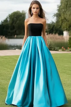 Preto Azul Cetim Uma Linha Strapless plissado longo vestido de baile